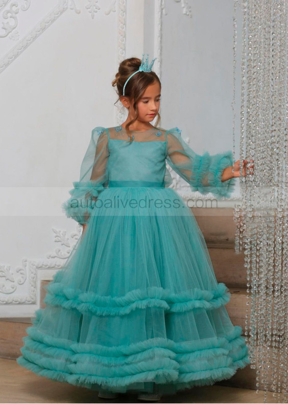 Long Sleeves Turquoise Tulle Ankle Length Flower Girl Dress